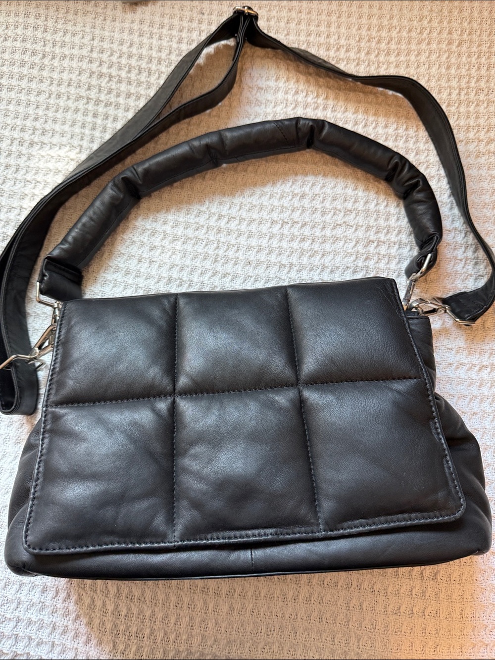 Quilted Black Sheepskin Leather Crossbody Shoulder Bag